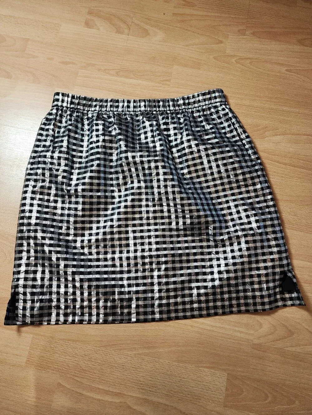 J. Crew Pull-on Shiny Gingham Plaid Skirt Black Silver Pockets Size Large